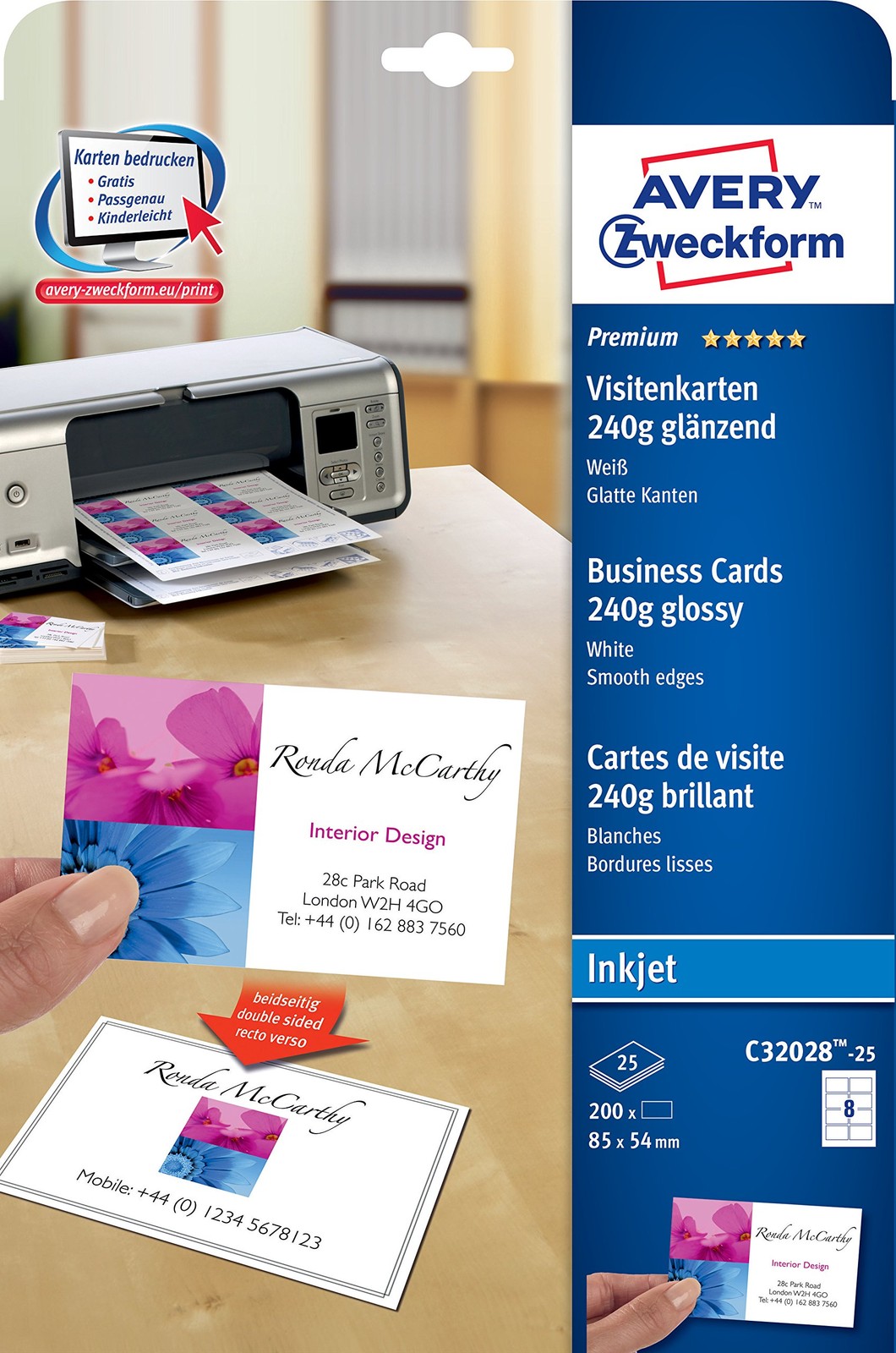 Avery Zweckform C32028-25 Premium Business Card Special Inkjet Coating on Both S