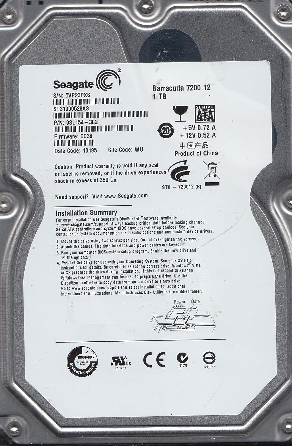 Seagate Hard Drive 1TB 3.5" ST31000528AS Barracuda 7200.12 7200RPM Sata HD2497