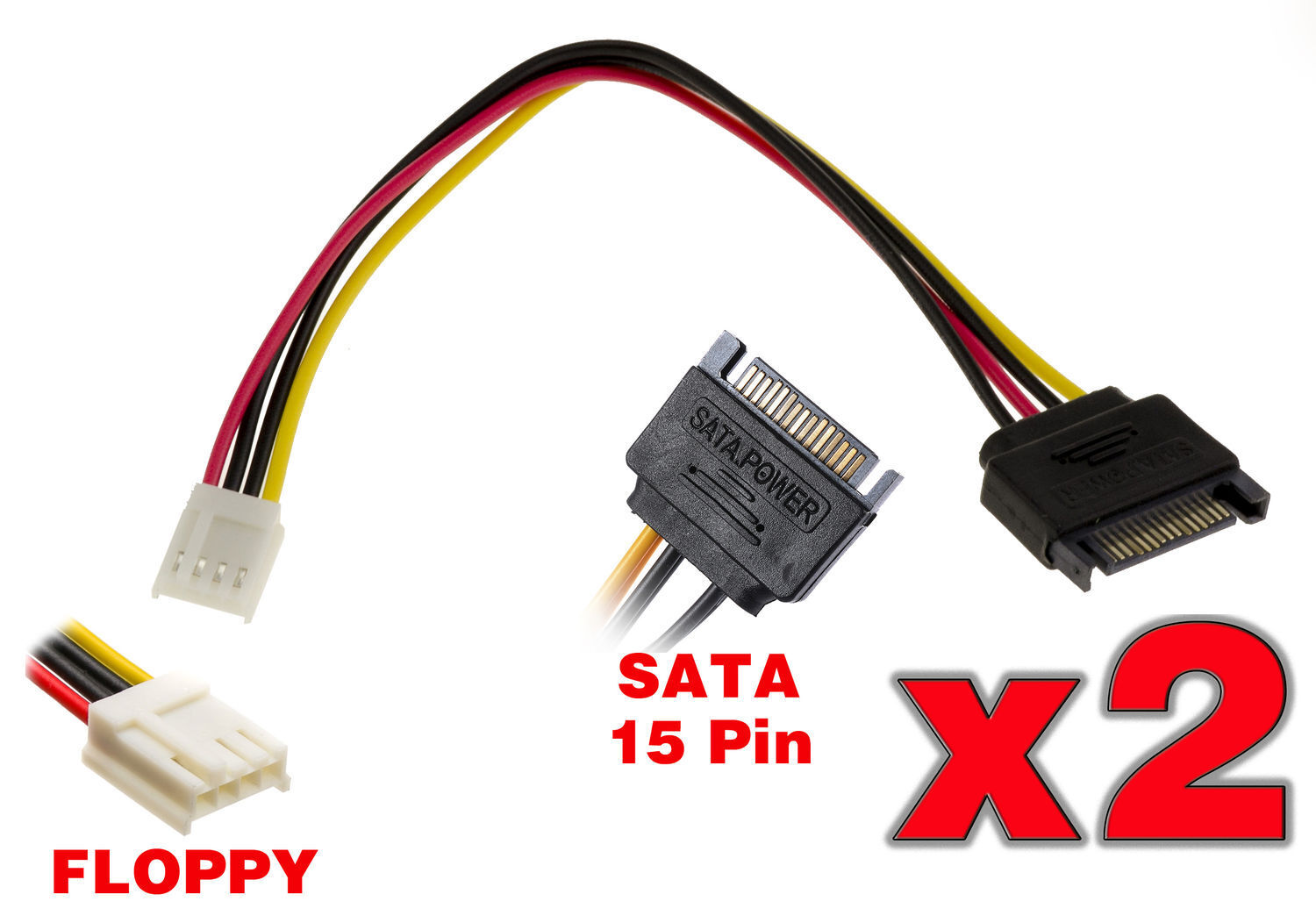 Set Di 2 Cordini Adattatori Alimentazione SATA 15 Maschio A Floppy (= Mini Molex