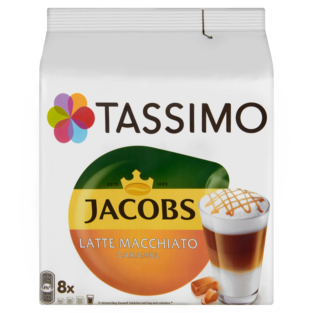 Tassimo Jacobs Latte Macchiato Caramello Caffè Macinato 8 Capsule e Latte