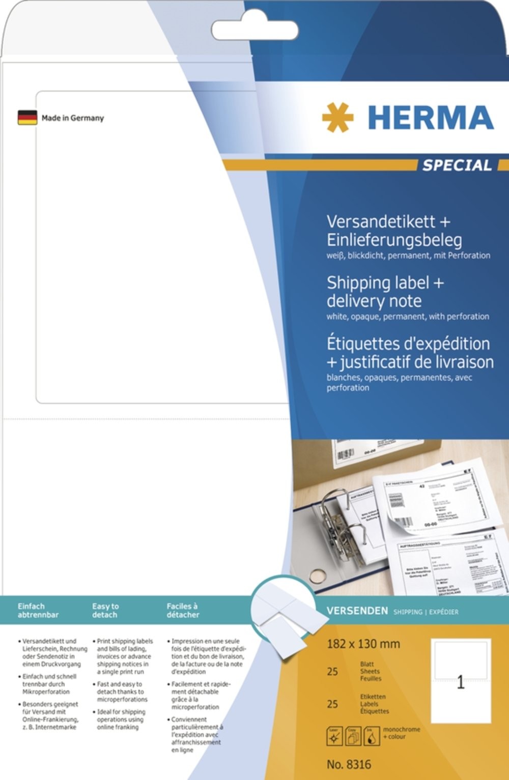 HERMA Self Adhesive Parcel Shipping Labels + Delivery Note, 1 Label Per A4 Sheet