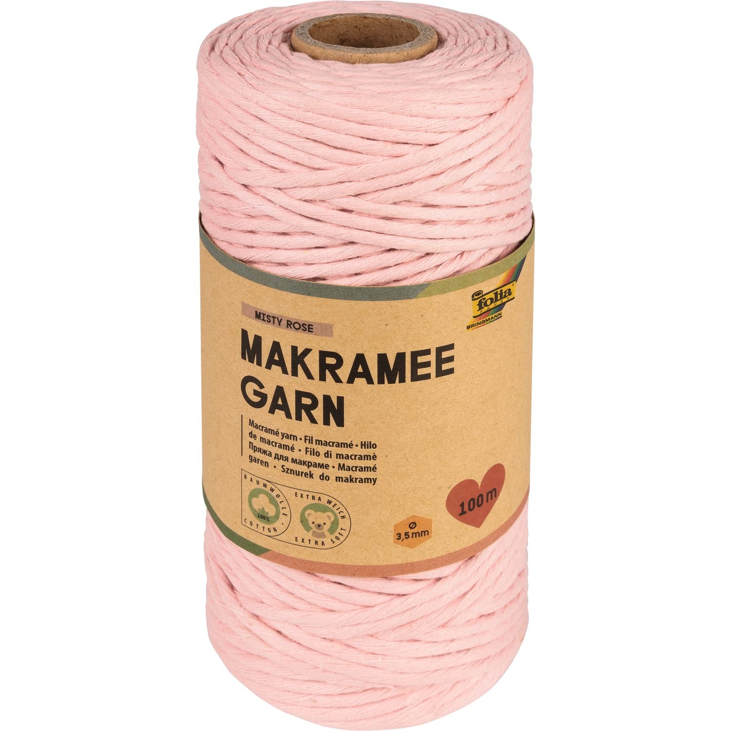 folia 24994 Macrame Yarn Misty Rose 100% Cotton 100 m Twisted Yarn in Dusky Pink