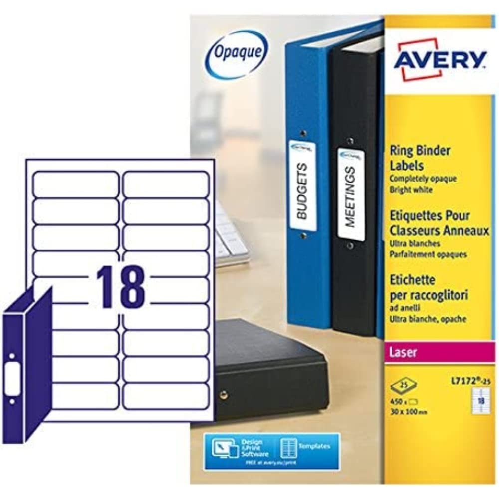 Avery L7172-25 Self-Adhesive Ring Binder File Labels, 18 Labels Per A4 Sheet,Whi