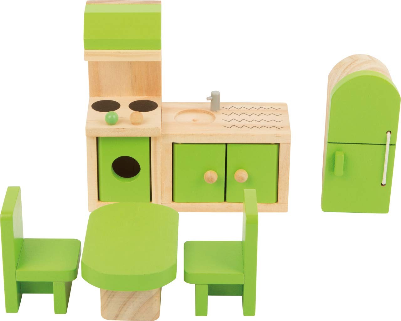 Small Foot 10873 Wooden Furniture Dollhouse, incl. Fridge, Kitchen Unit, Table a