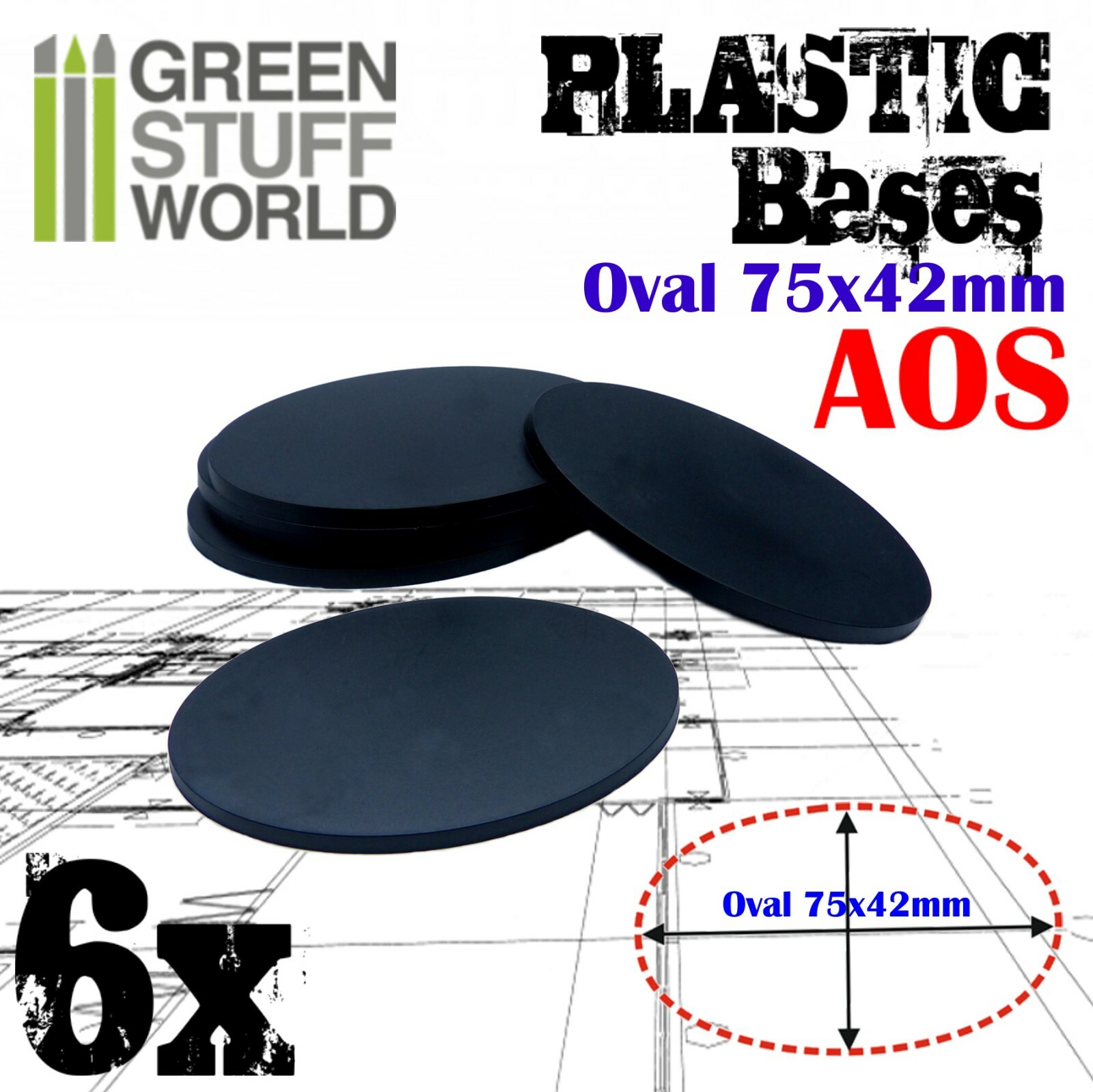 6x Basette Plastico OVALE 75x42mm Basi Miniature Diorami 42x75mm AOS wargames