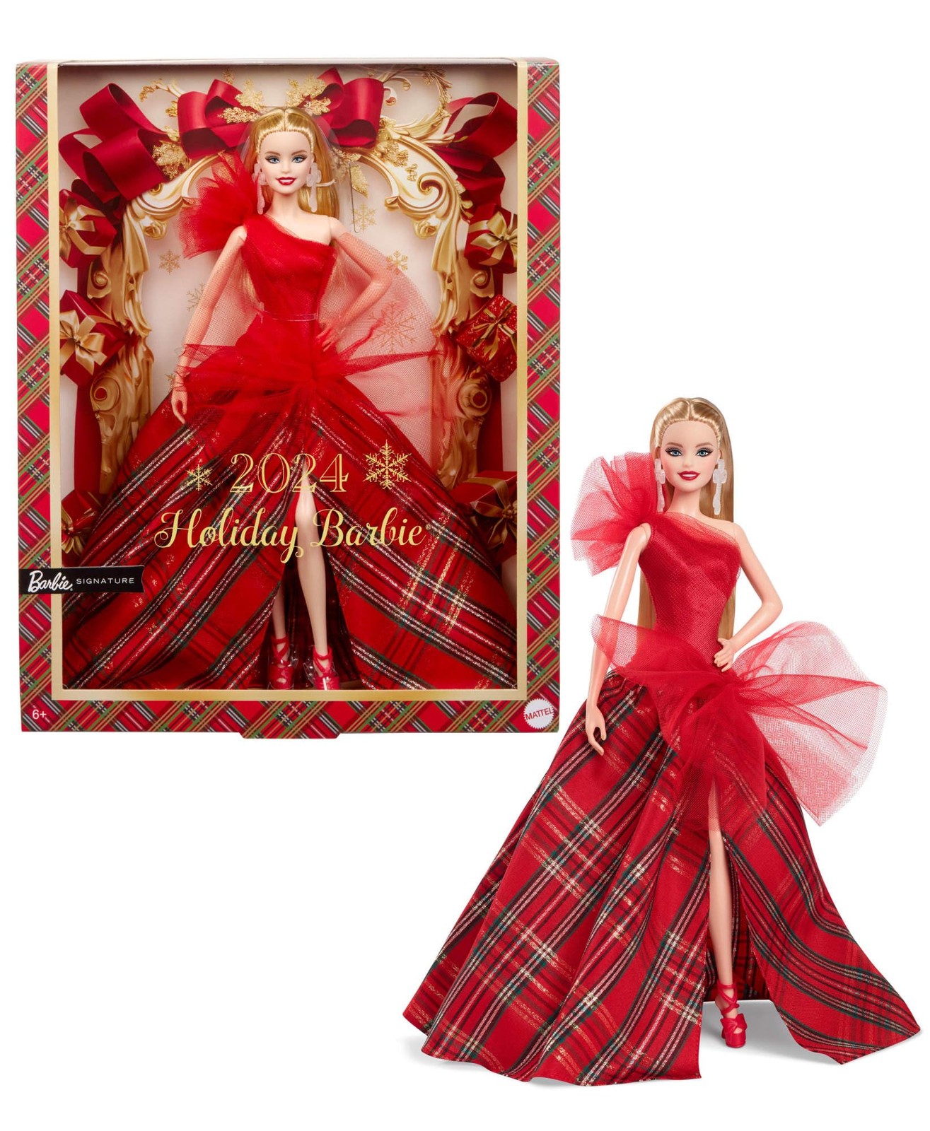 Barbie Signature Doll, 2024 Holiday Blonde Fashion Doll Wearing Gown with Plaid