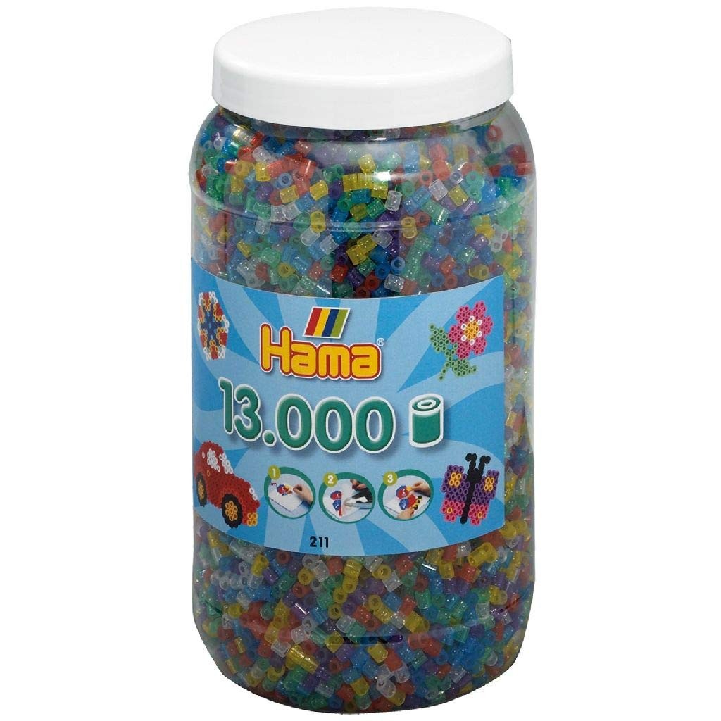 Hama 211 54 – Tub of Iron-on Beads with approx.13,000 transparent beads with gli