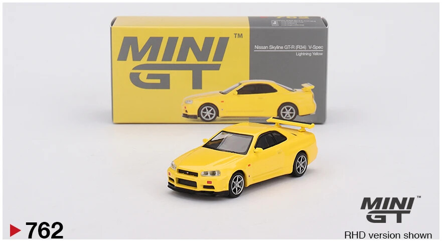 Mini GT MGT00762RHD Nissan Skyline GT-R (R34) V-Spec Lightning Yellow Die Cas...