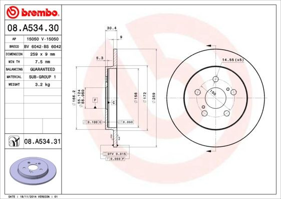 COPPIA DISCHI FRENO BREMBO 08.A534.31  per TOYOTA PRIUS (_W3_), PRIUS (_W5_), PR