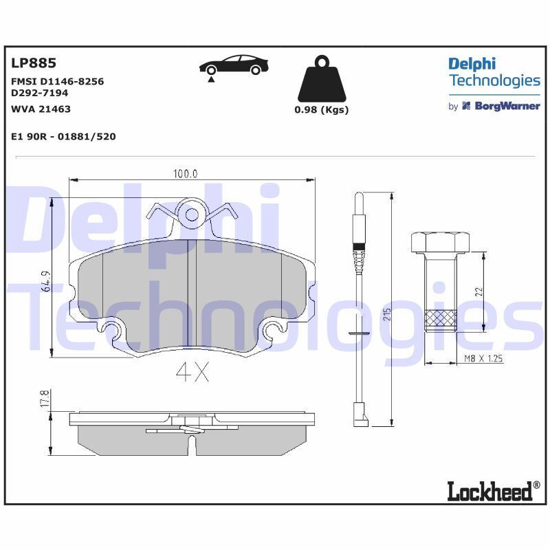 Kit pastiglie freno, Freno a disco LP885 DELPHI per RENAULT PEUGEOT DACIA