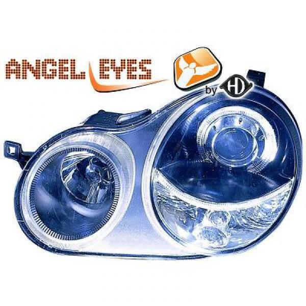 Coppia fari fanali anteriori TUNING POLO 9N 01-05 neri con anelli ANGEL EYES