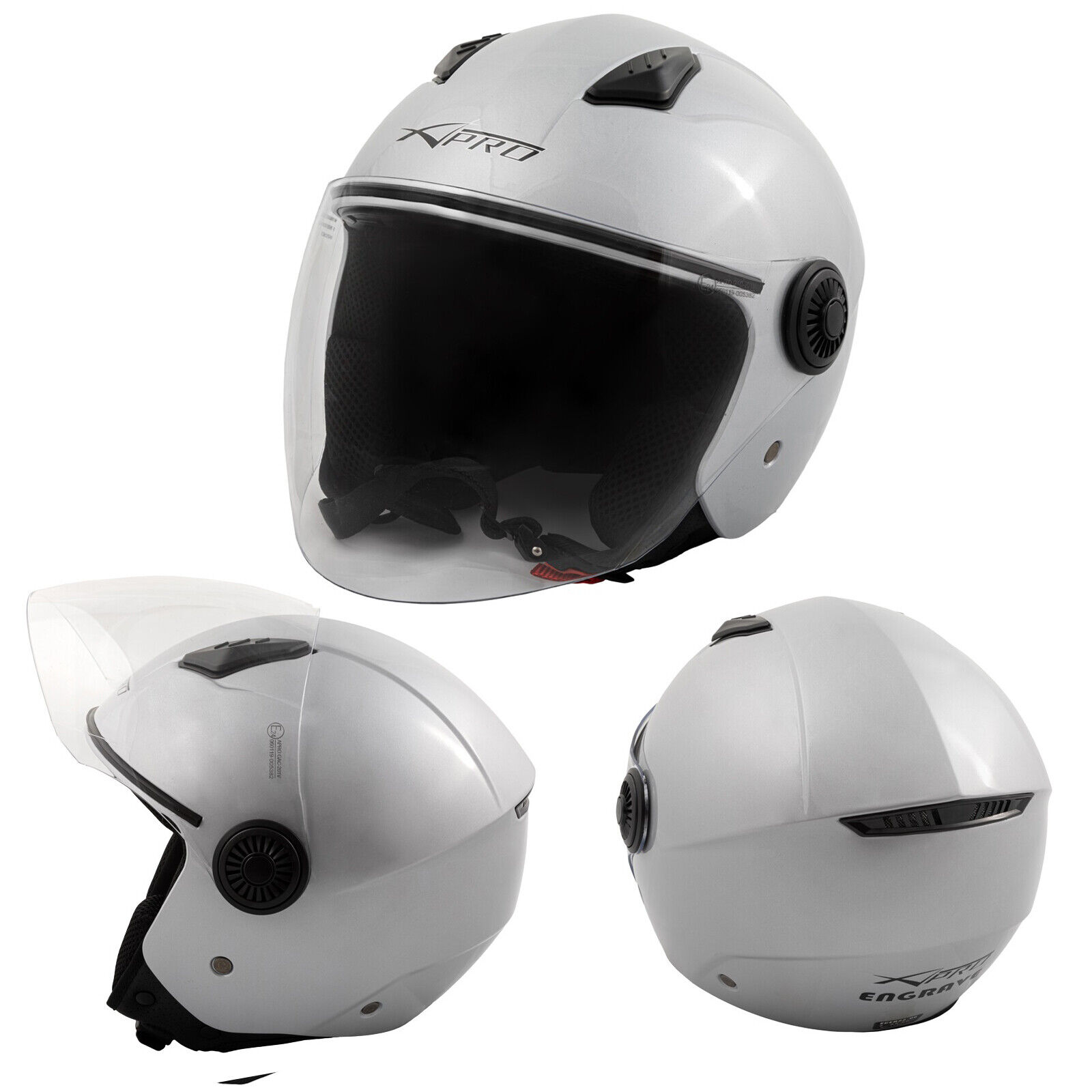 Open Face Jet Helmet Lid Motorbike Scooter Quad Long Visor Silver XL
