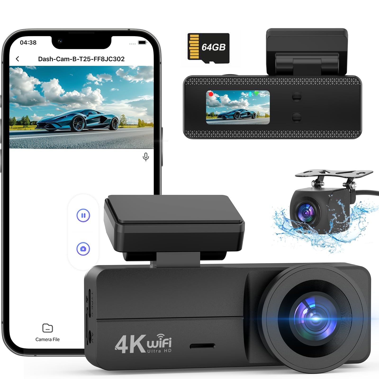 SIGRILL Dash Cam Auto 4K+1080P, Scheda 64GB Inserita, WiFi Telecamera per Auto,