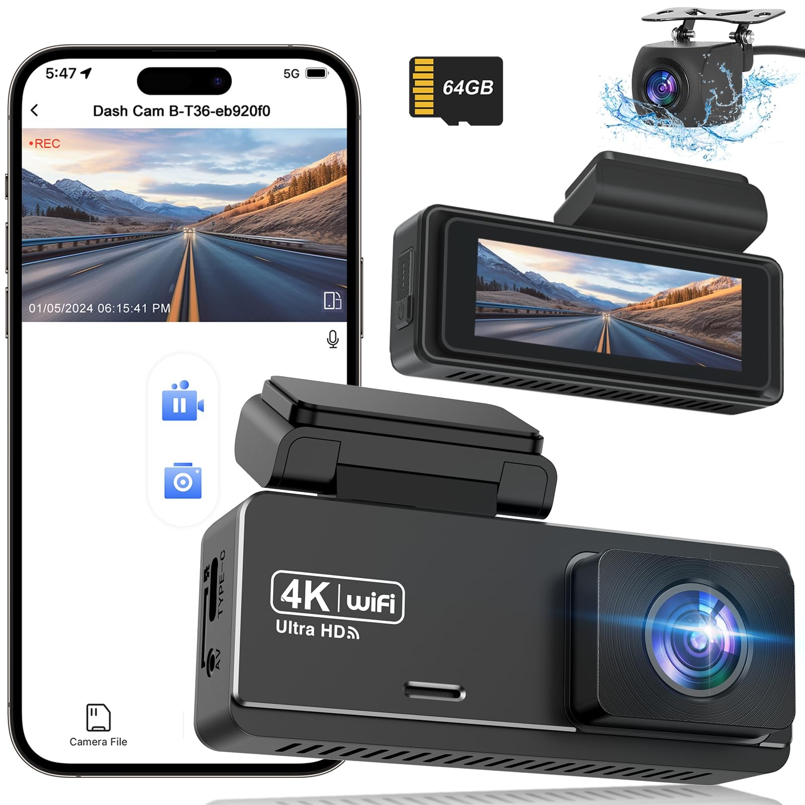 SIGRILL Dash Cam Auto 4K+1080P Dashcam, WiFi Telecamera per Auto Scheda 64GB Ins
