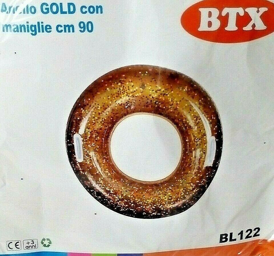 CIAMBELLA SALVAGENTE GLITTER ORO  90 cm diam. CON MANIGLIE MARE SPIAGGIA PISCINA
