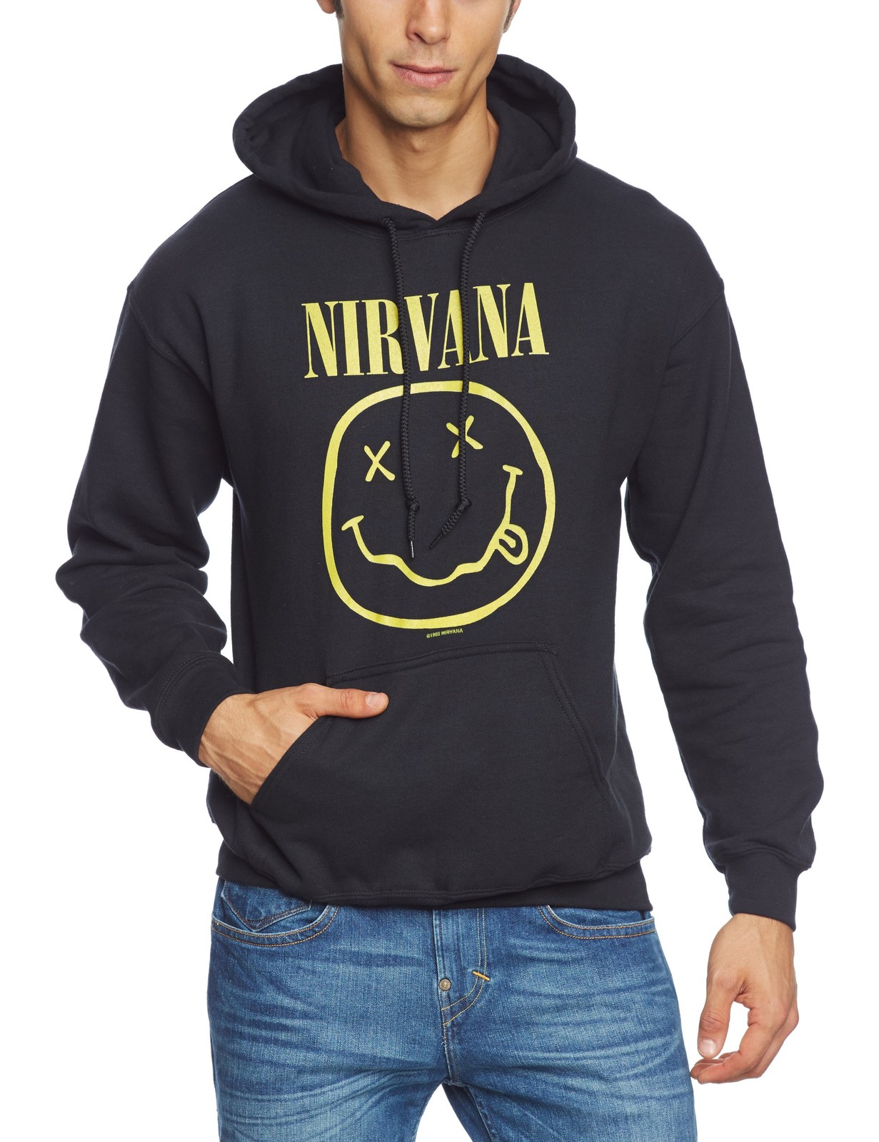 Nirvana Men's Yellow Smiley Hooded Sweatshirt Black XL Black