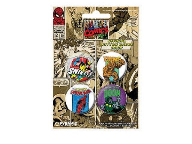 Blister 4 Badge Marvel Ufficiali Spiderman The Thing Doom Wolferine Badge Pack