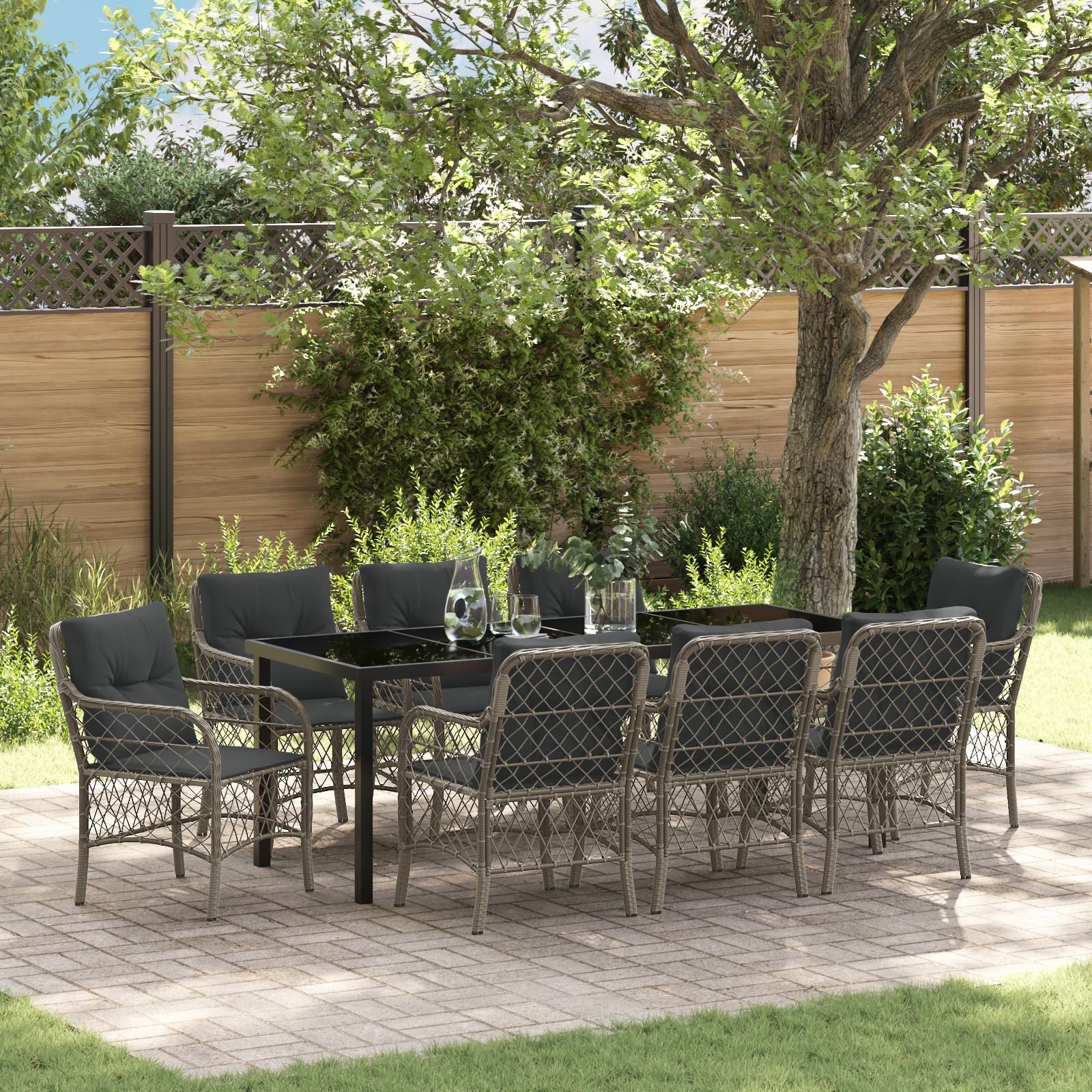 Set di 9 Pezzi per Pranzo da Giardino con Cuscini Grigio Polyrattan 2104669