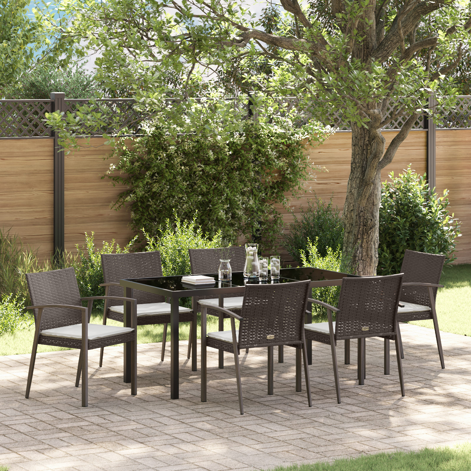 Set da Pranzo da Giardino in 7 Pezzi con Cuscini Marrone in Polyrattan 2054164