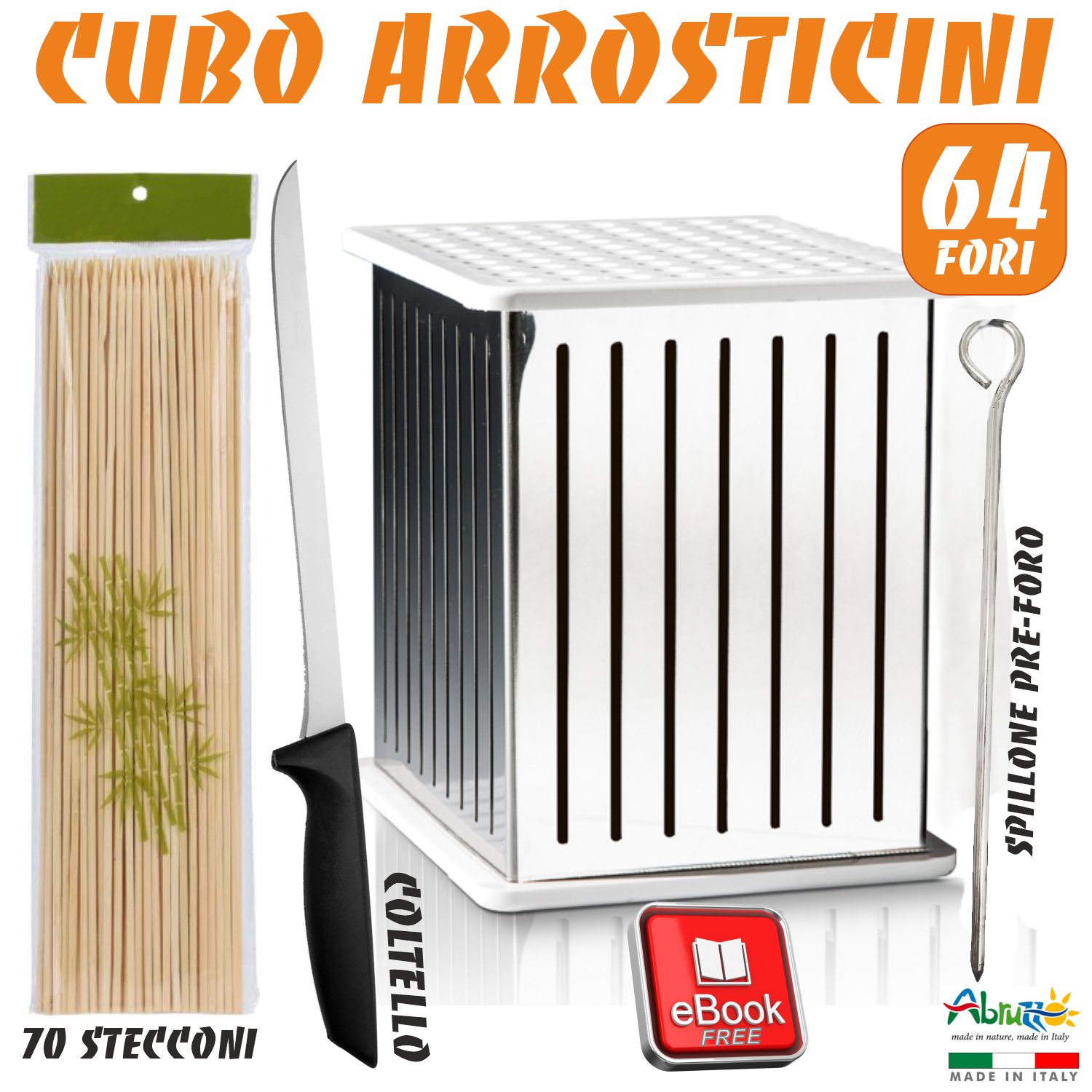 CUBO PRODUZIONE 64 ARROSTICINI FABBRICA SPIEDINI KEBAB + COLTELLO e 70 STECCONI