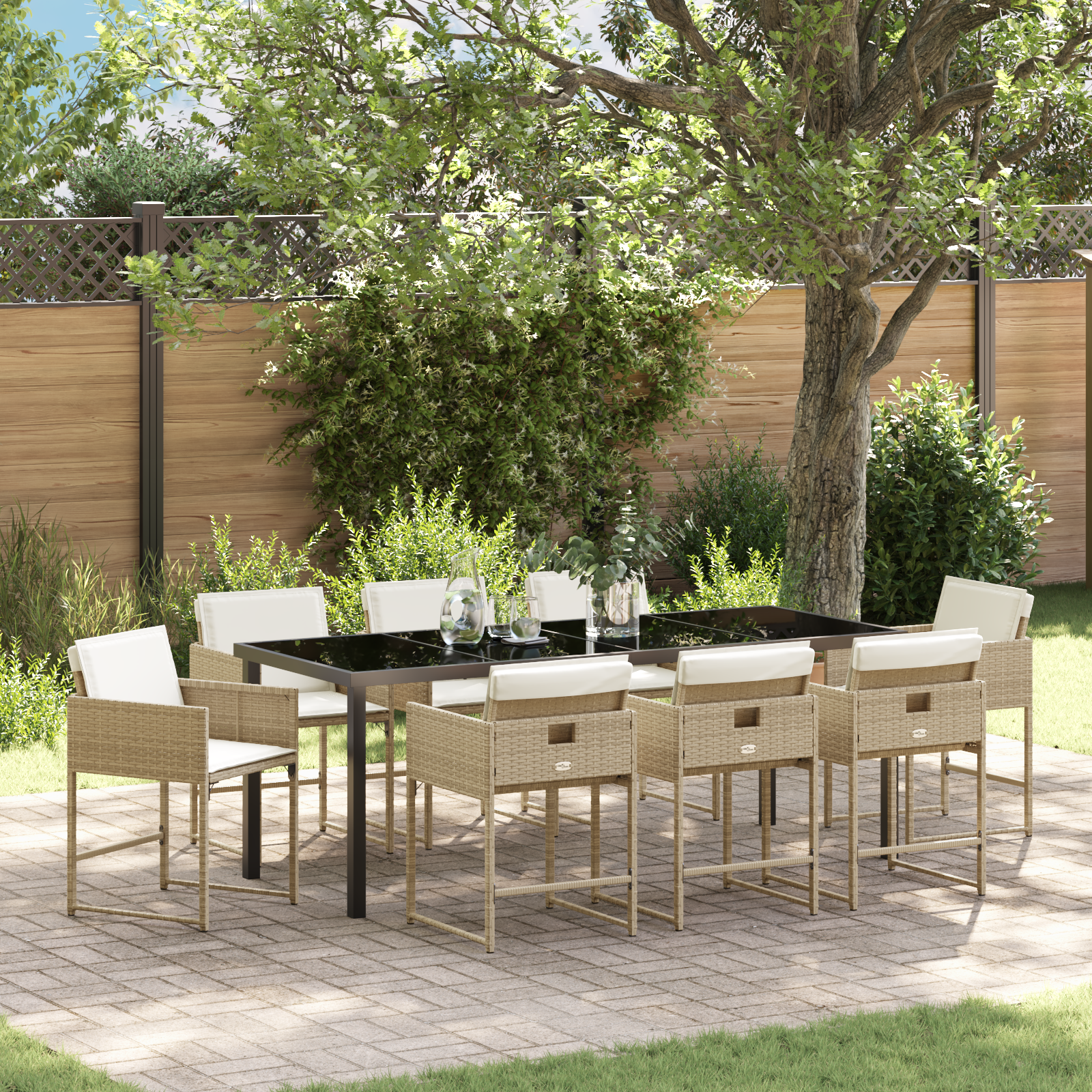 Set da Pranzo da Giardino 9 Pezzi con Cuscini Beige Rattan Polietileno 2104669