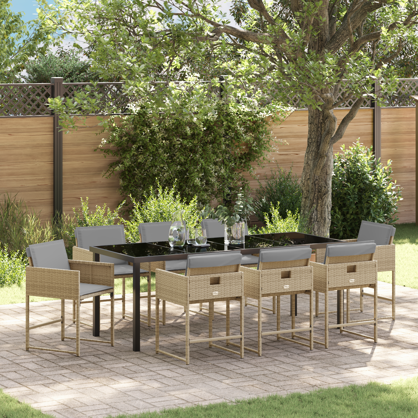 Set da Pranzo da Giardino 9 Pezzi con Cuscini Polyrattan Beige 2104677