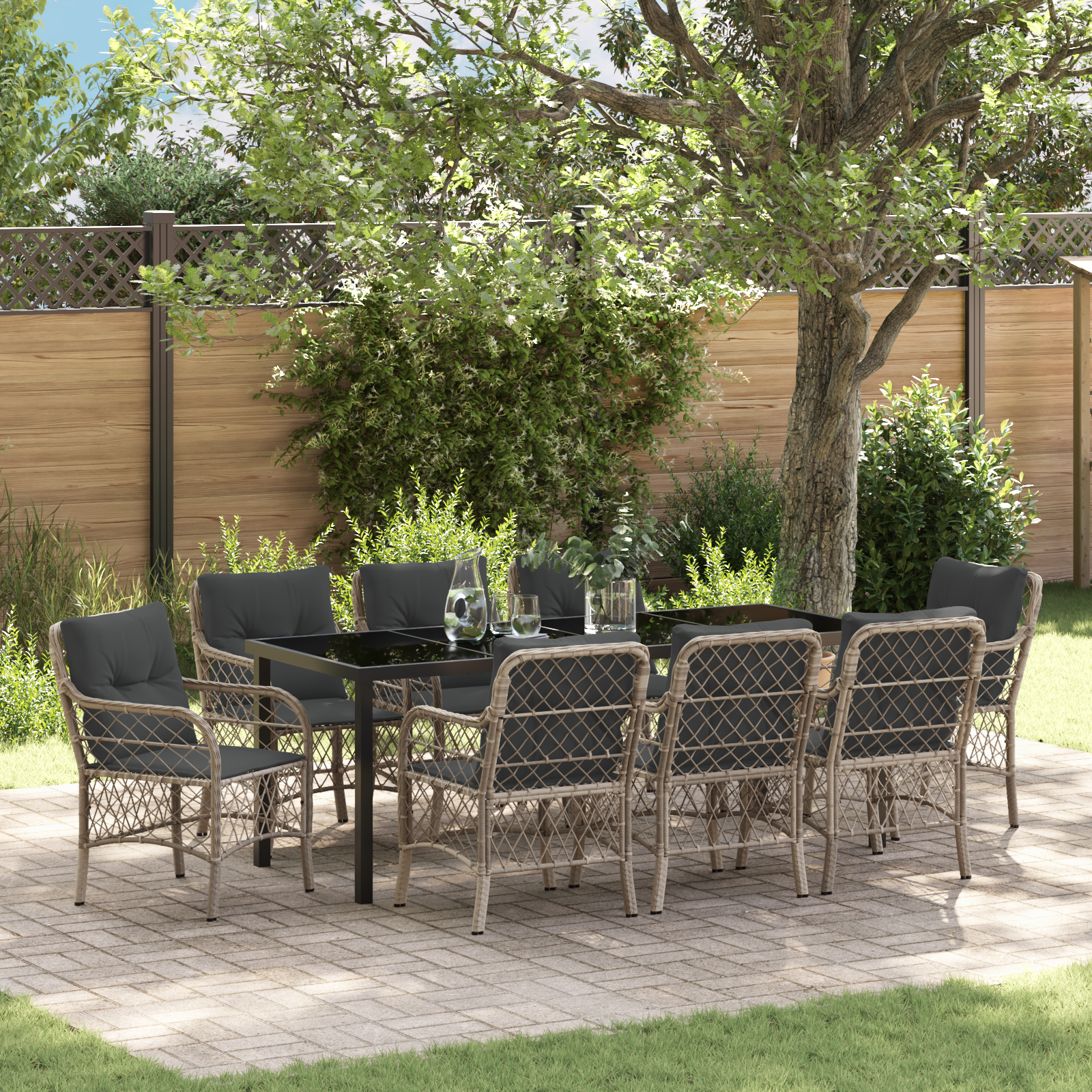 Set da Pranzo da Giardino 9 Pezzi con Cuscini Rattan Sintetico Grigio Chiaro 210