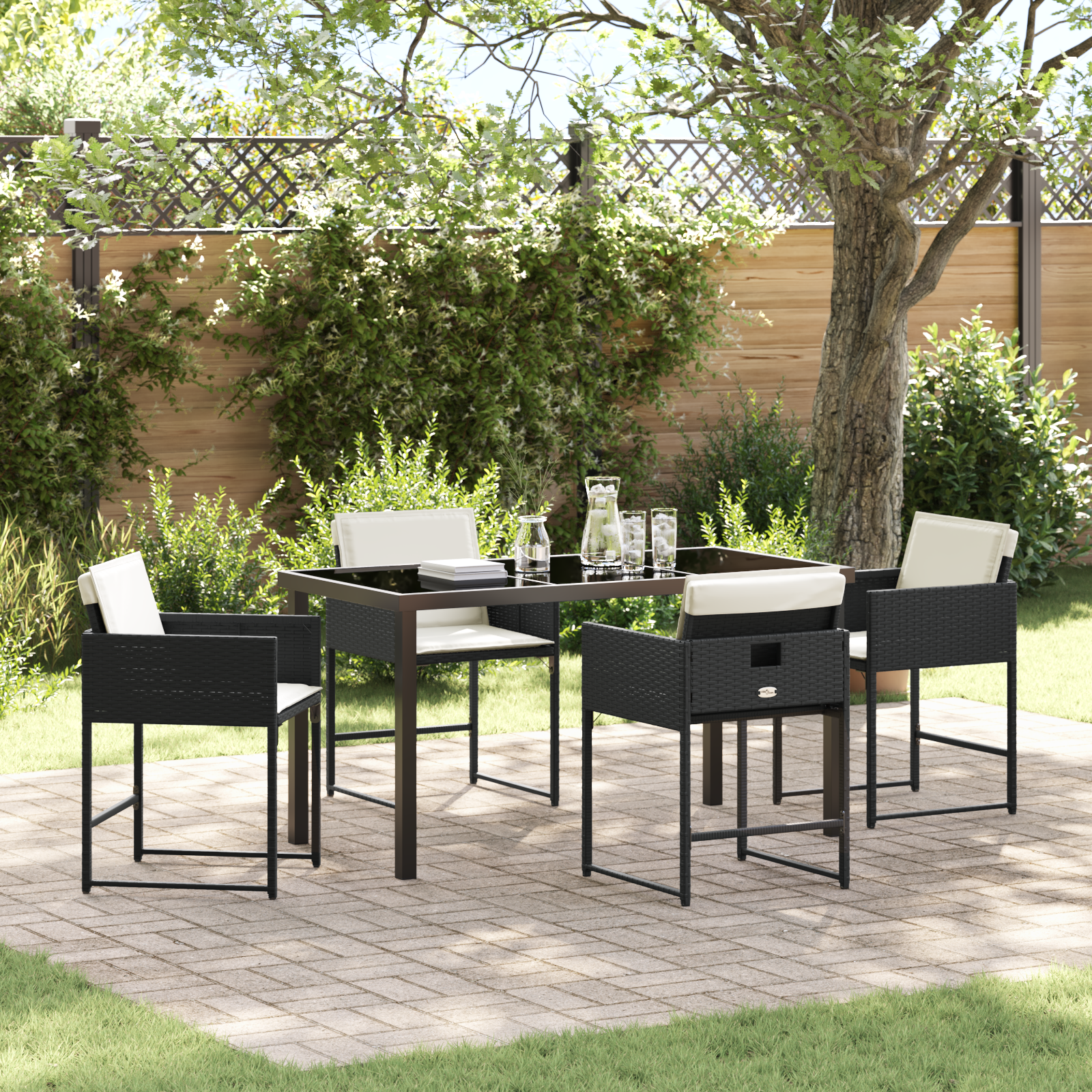 Set da pranzo da giardino 5 pezzi con cuscini in rattan poliestere nero 2104669