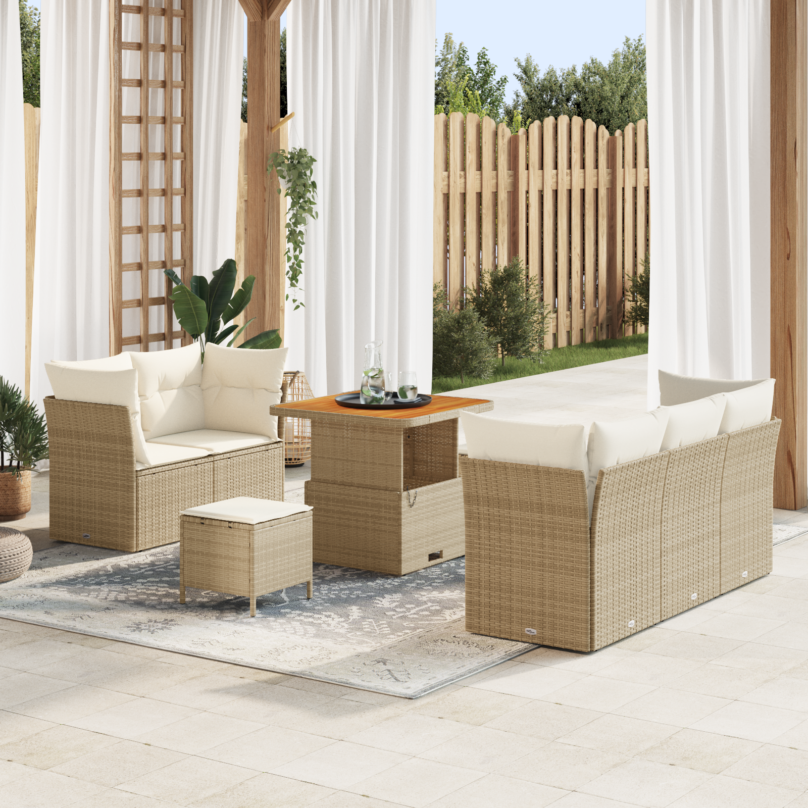 Set divani giardino 8 pezzi con cuscini Beige Polyrattan Acacia, Set dining giar