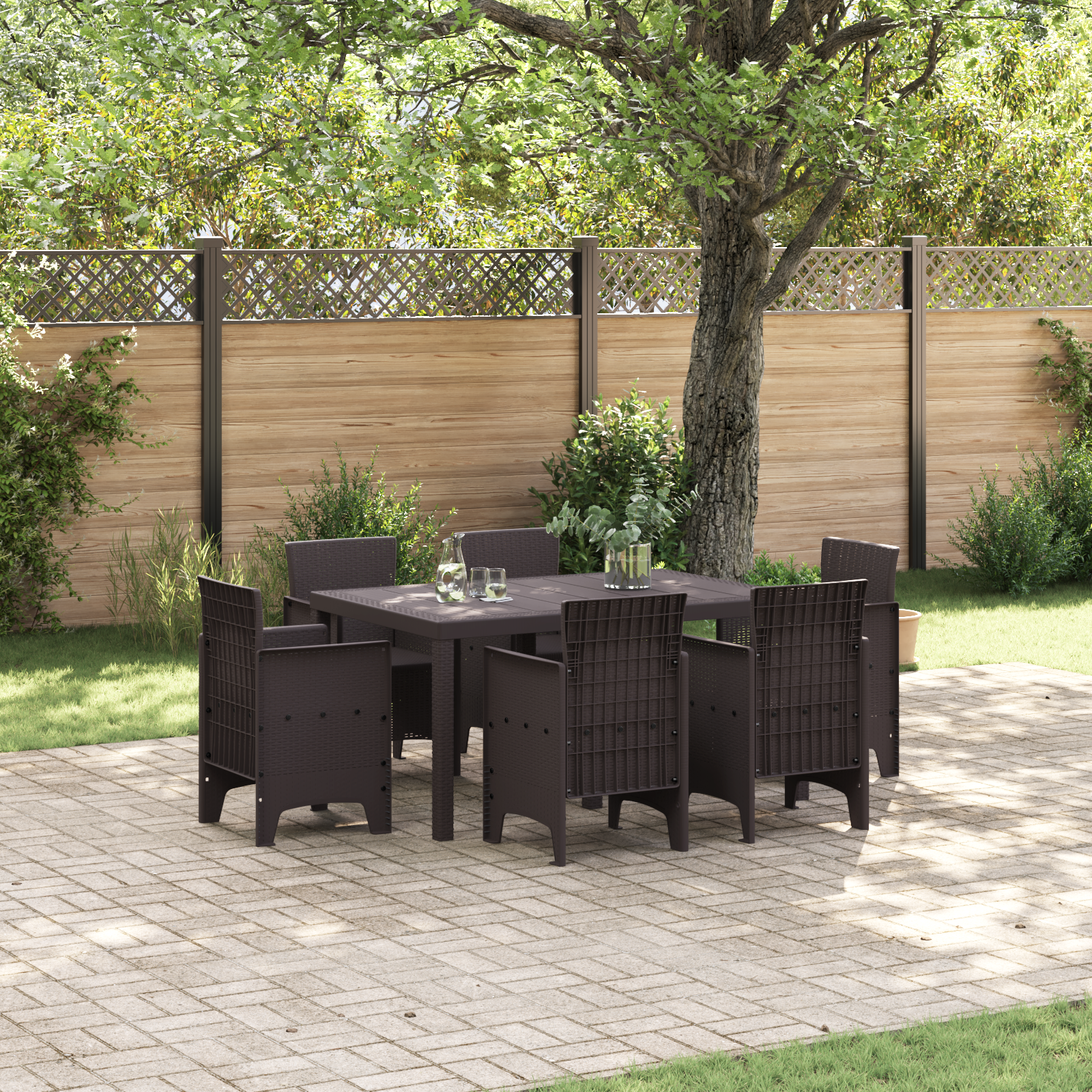 Set da Pranzo da Giardino 7 Pezzi Rattan Plastico Marrone 2104669