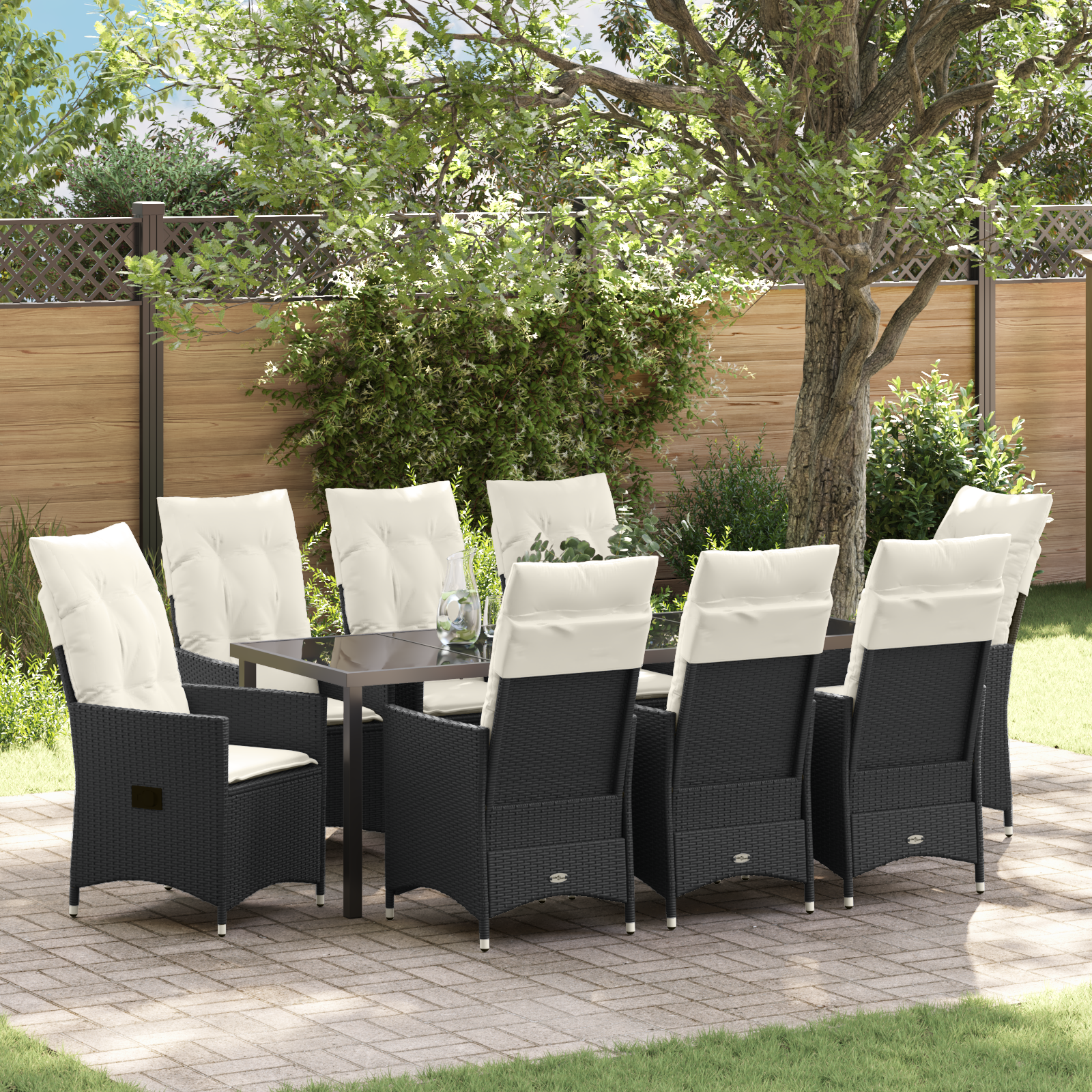 Set da Pranzo da Giardino 9 Pezzi con Cuscini Rattan Polipropilene Nero 2054163