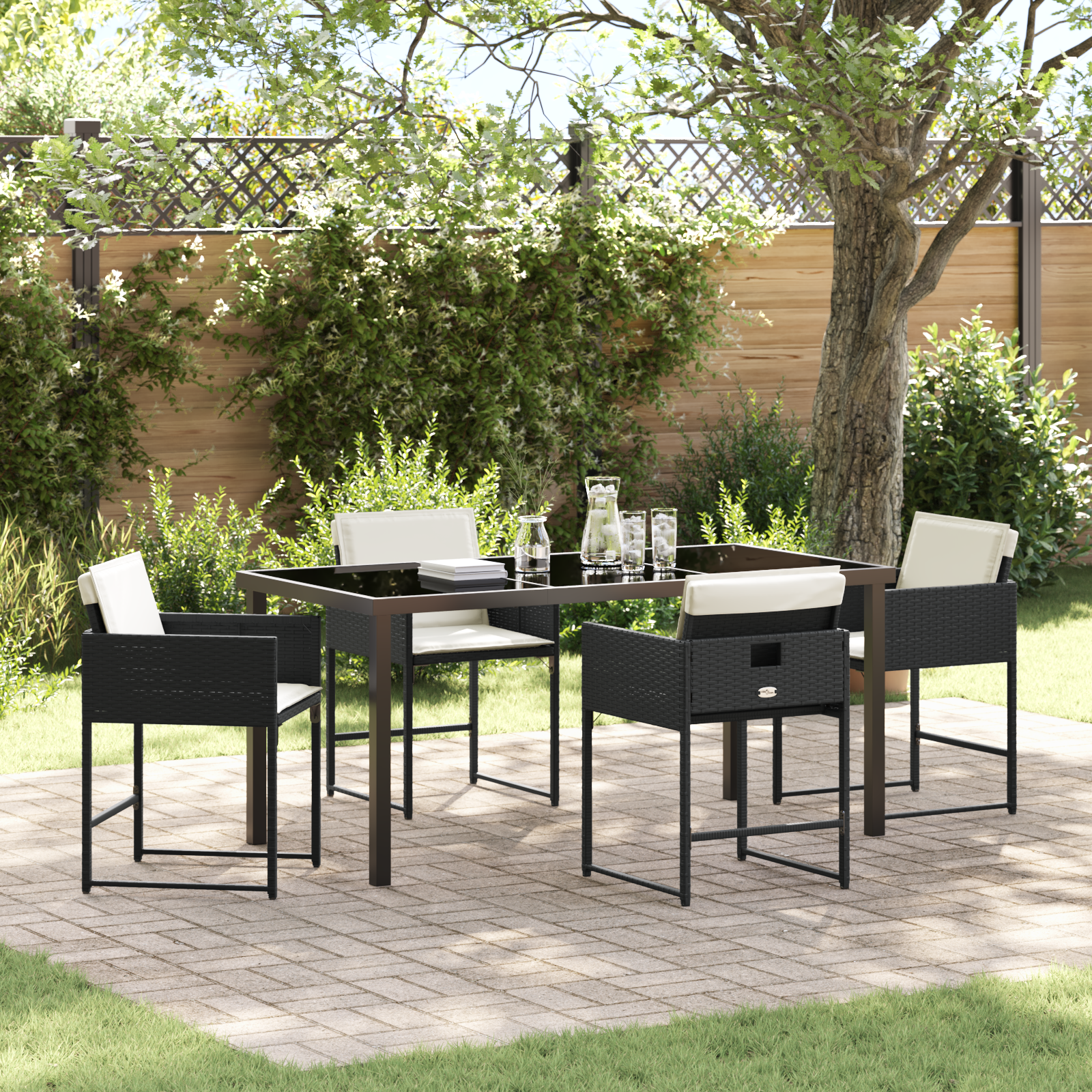 Set da Pranzo da Giardino da 5 Pezzi con Cuscini Nero Rattan PE 2104669
