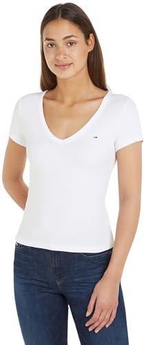 Tommy Jeans T-Shirt Maniche Corte Donna Slim Scollo A V, Bianco (White), Xl