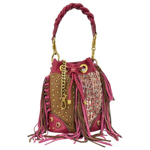La Carrie La Borsa Secchiello Multi Fucsia, Lecacy Bucket, Materiali Combinati Tessuto E Ecopelle, Tracolla Lunga In Catena Rimovibile Con Spallino, L
