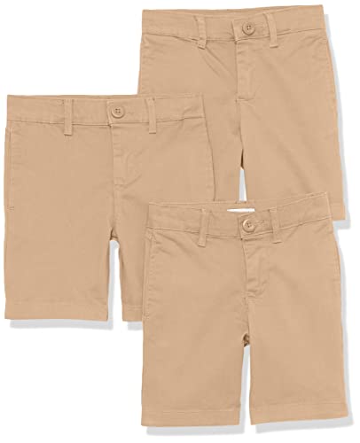 Amazon Essentials Bermuda Senza Pence In Tessuto Uniforme (Resistenti Alle Pieghe) Bambini E Ragazzi, Pacco Da 3, Marrone Chiaro Kaki, 11 Anni