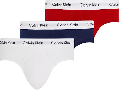 Calvin Klein Hip Brief 3Pk 0000U2661G, Slip A Vita Bassa Uomo, Multicolore (White/Red Ginger/Pyro Blue), M (Pacco Da 3)