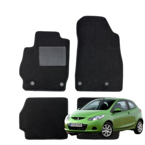 Serie 4 Tappeti - Tappetini In Moquette Neri Per Mazda 2 Dal 2007 Al 2015 Prodotti Su Misura Con Battitacco Cucito, Bottoni Di Fissaggio E Striscia An