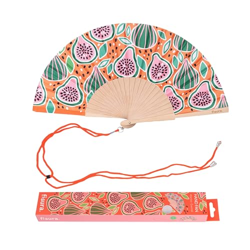 Fisura – Ventaglio In Legno Con Motivo Fichi. Accessorio Dal Design Originale E Colorato, Ventaglio Portatile Arancione Con Gancio Incluso. Dimensioni