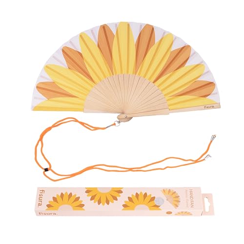 Fisura – Ventaglio In Legno Con Stampa Girasole. Accessorio Vivace E Moderno, Ventaglio A Mano Giallo Con Gancio Pratico. Dimensioni: 42,5 X 23 Cm