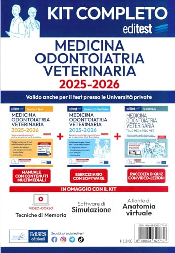 Test Medicina, Odontoiatria E Veterinaria 2025: Kit Completo Con Corso Online Tecniche Di Memoria E Atlante Di Anatomia Virtuale. Valido Anche Per Le