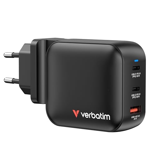 Verbatim Mini Gan Charger 100W 3 Porte Usb-C Caricabatterie Power Adapter 2 X Usb-C & 1 X Usb-A Caricatore Rapido Multipresa Apple Macbook, Notebook I