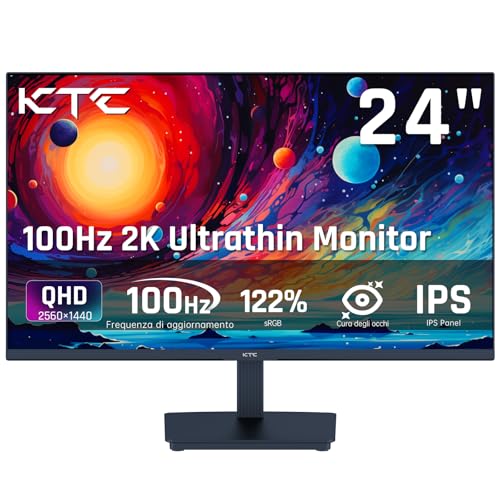 Ktc Monitor 24 Pollici, Qhd 2K 100Hz Ips Monitor, 1300:1 Contrasto, Schermo Anti Luce Blu, 122% Srgb, Supporto Freesync E Gsync, Hdmi/Dp/Earphone Per
