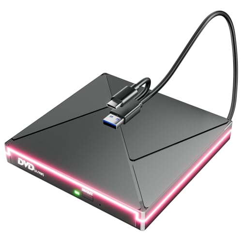 External Cd Drive For Mac With Rgb, Dvd Player For Laptop, Usb 3.0 Usb C Cd Burner External Disk Drive, Dvd Reader Writer Rom Drive Compatible With La