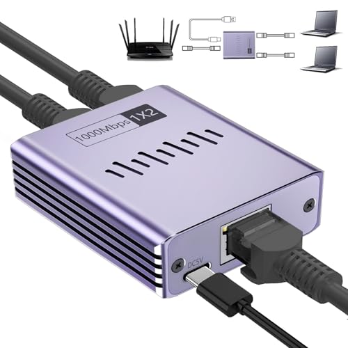 Obllemn Switch Ethernet 2 Porte, Splitter Ethernet Gigabit Da 1 A 2 Switch Ethernet 1000Mbps, Divisore Di Internet Lan Con Cavo Type-C, Per Computer,