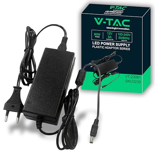 V-Tac Alimentatore 12V 60W 5A Con Jack 2.1 Per Telecamere, Strisce Led, Modem - Trasformatore Universale 12V Con Spina Di Corrente Casa Per Schermi, A