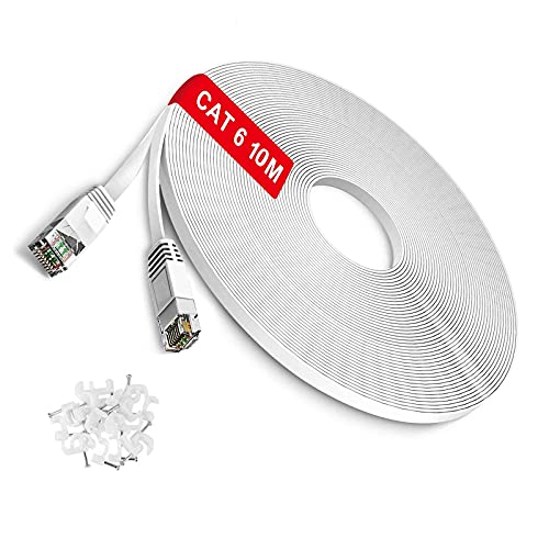 Tbmax Cavo Ethernet 10M Cat 6, Flat Cavo Ethernet Ad Alta Velocità Con Rj45 Connettore, Gigabit Lan Cavo Di Rete Per Modem/Pc, Router, Blanco