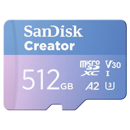 Sandisk Creator Carta Microsdxc Uhs-I 512 Gb + Adapter (Per Smartphone, Action Camera E Droni, 5,3K I 4K, A2, C10, V30, U3, Fino A 190 Mb/S, 3 Mesi Di