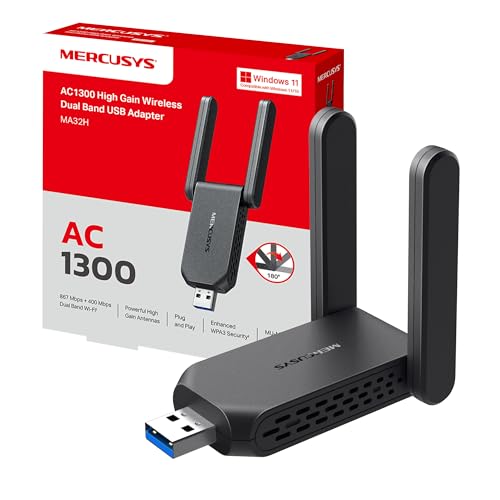 Tp-Link Mercusys Ma32H Wifi Usb Ac1300Mbps, Chiavetta Wifi Per Pc Fisso, 2 Antenne Ad Alto Guadagno, Dual Band 5Ghz/867Mbps + 2.4Ghz/400Mbps, Usb 3.0,