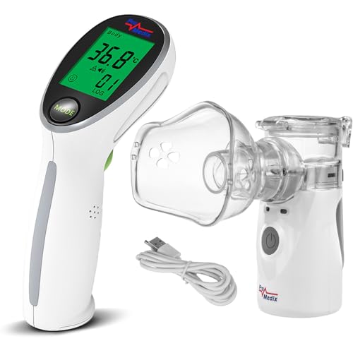 Promedix Inalatore Portatile Per Bambini E Adulti, Nebulizzatore Silenzioso, Due Maschere, Bocchino Usb O Alimentato A Batteria (Inalatore + Termometr