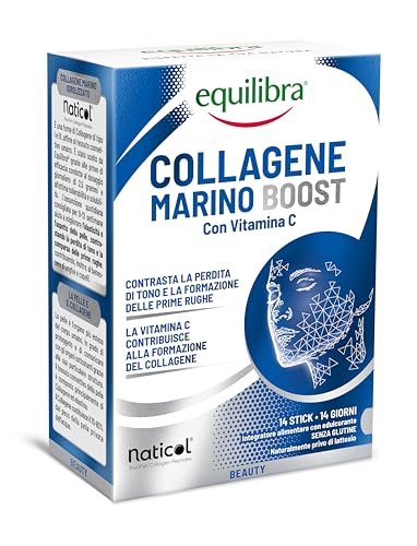 Equilibra, Collagene Marino Boost Idrolizzato Naticol®, 14 Stick Monodose, 2500 Mg Collagene Per Dose, 80 Mg Vitamina C Per Dose, Collagene Tipo I E I